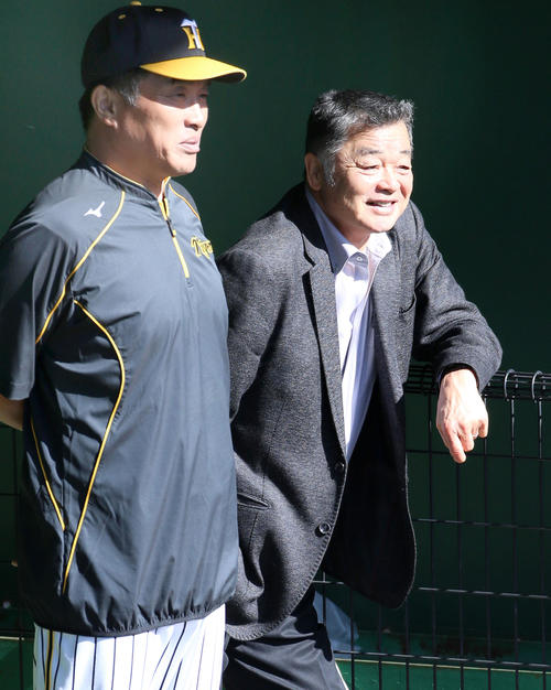 ブルペンで投手陣を見る川藤OB会長（右）と山本昌臨時コーチ（撮影・上山淳一）