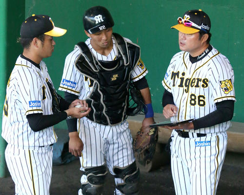 ブルペンで投球終えた高橋遥（左）は安藤育成コーチ（右）に話を聞く、中央は片山（撮影・上山淳一）