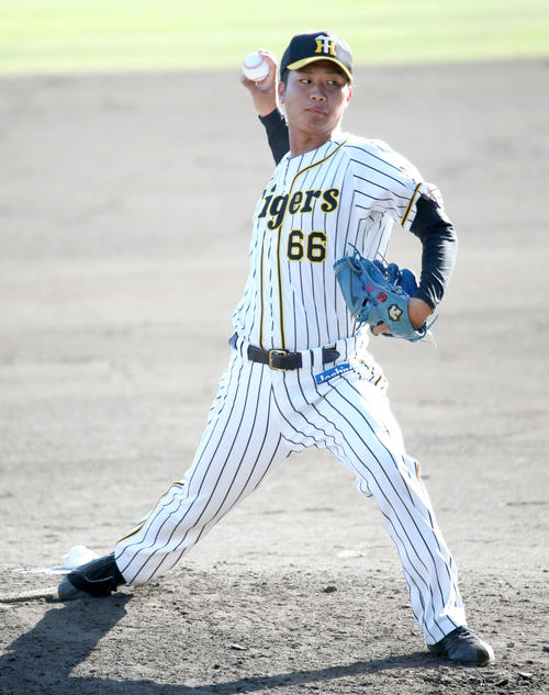 阪神・紅白戦　白組3番手の牧（撮影・上山淳一）