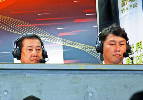 解説で訪れた巨人原監督（左）と新井貴浩氏（撮影・浅見桂子）