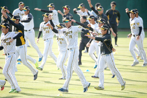 ウオーミングアップする藤浪（中央）ら阪神ナイン（撮影・上山淳一）