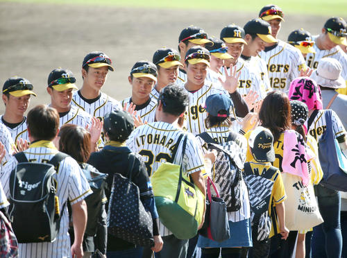 約2000人とハイタッチする阪神ナイン（撮影・上山淳一）