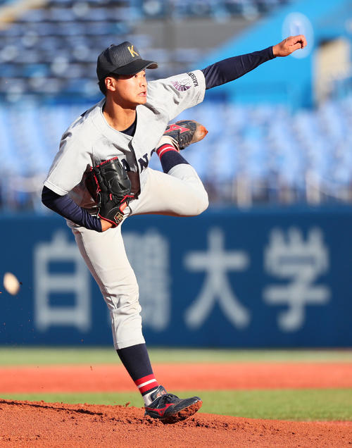 明治神宮大会　金沢学院大対関大　関大先発の森（撮影・足立雅史）