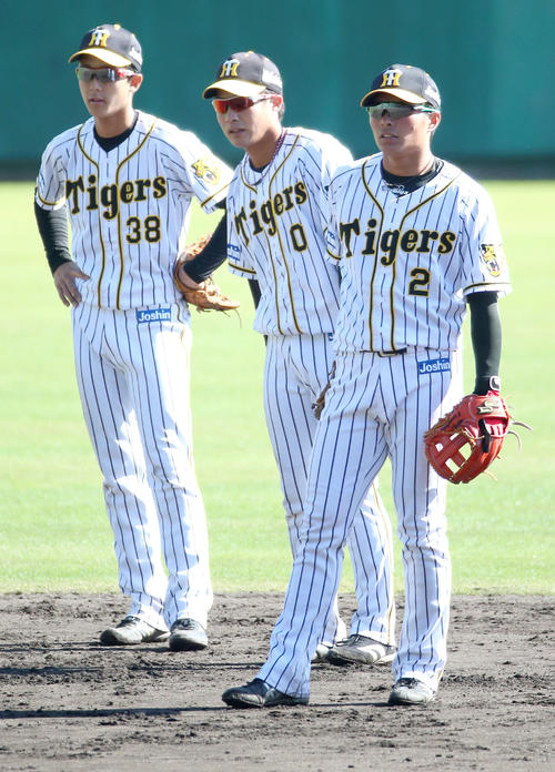 シートノックで遊撃手のポジションにつく（左から）小幡、木浪、北條（撮影・上山淳一）