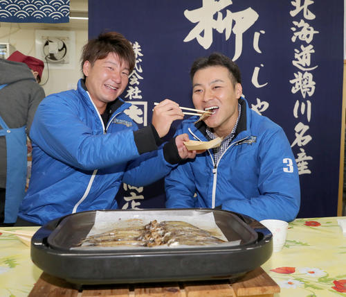 応援大使でむかわ町を訪れ名産のししゃもを笑顔でほおばる日本ハム渡辺（左）と田中賢（撮影・佐藤翔太）