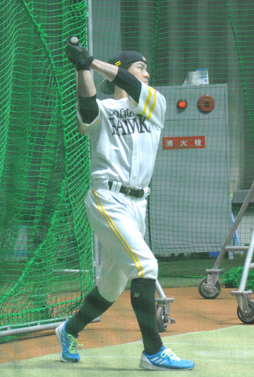 牧原が筑後のファーム施設で打撃練習を行う（撮影・浦田由紀夫）