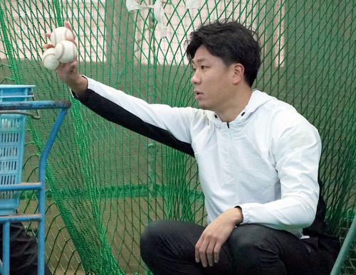 ボールの片付けをする大野雄大（撮影・森本幸一）