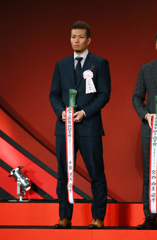 最多三振奪取投手賞を受賞したソフトバンク千賀（撮影・足立雅史）