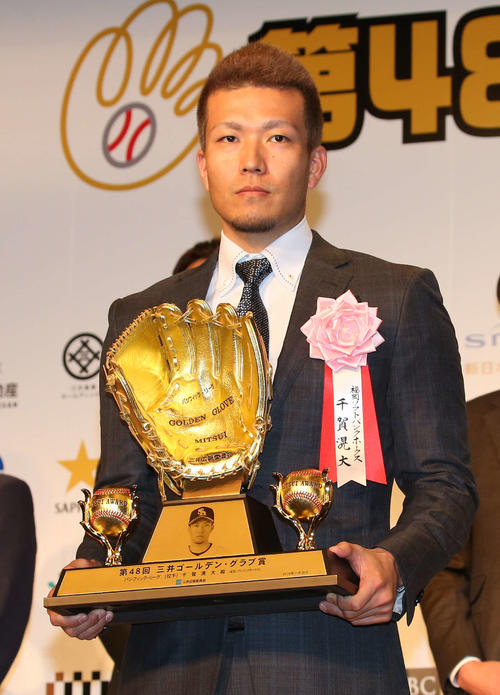 三井ゴールデン・グラブ賞を受賞したソフトバンク千賀（撮影・丹羽敏通）