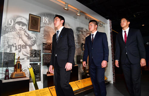 甲子園歴史館を見学する小川一平（左）、小野寺暖（中央）、奥山皓太（撮影・清水貴仁）