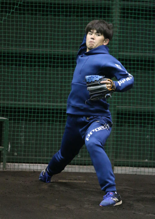 鎌ケ谷の室内練習場でブルペン入りした日本ハム清水（撮影・木下大輔）