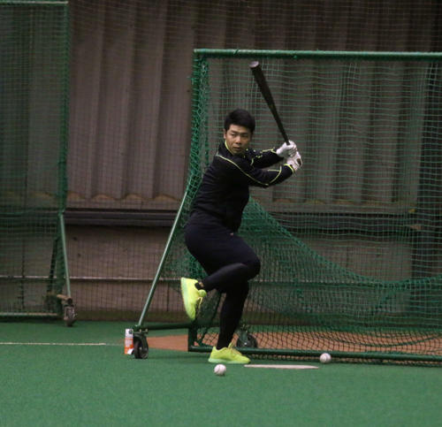 室内練習場でフリー打撃を行う日本ハム近藤（撮影・中島宙恵）