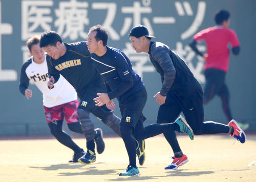 鳴尾浜球場で自主トレする（左から）谷川、伊藤和、青柳、原口（撮影・上山淳一）