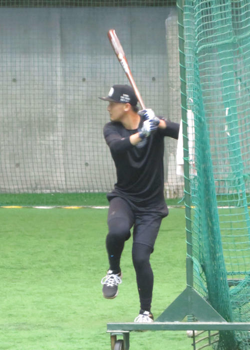 自主トレーニングで打撃練習を行う巨人吉川尚（撮影・湯本勝大）