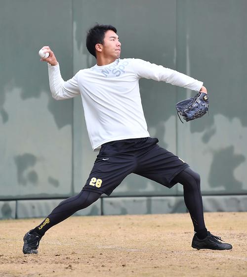 キャッチボールをして汗を流す小野泰己（撮影・上田博志）