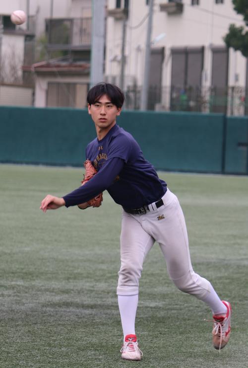 キャッチボールを行う慶大・佐藤（撮影・古川真弥）
