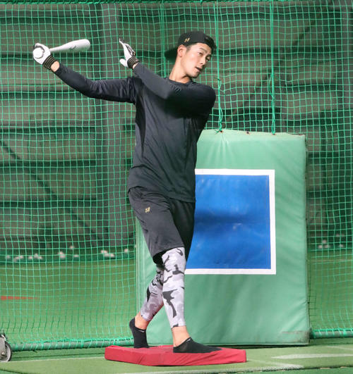 室内練習場で打撃練習をする日本ハム石井（撮影・山崎純一）