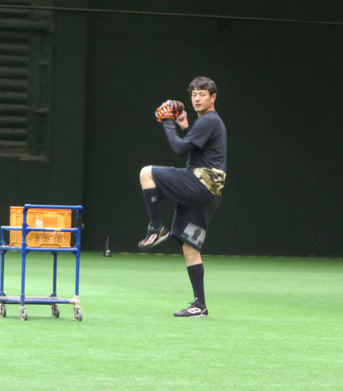 ジャイアンツ球場で自主トレーニングを行い、ネットに向かって投球する巨人岩隈（撮影・湯本勝大）