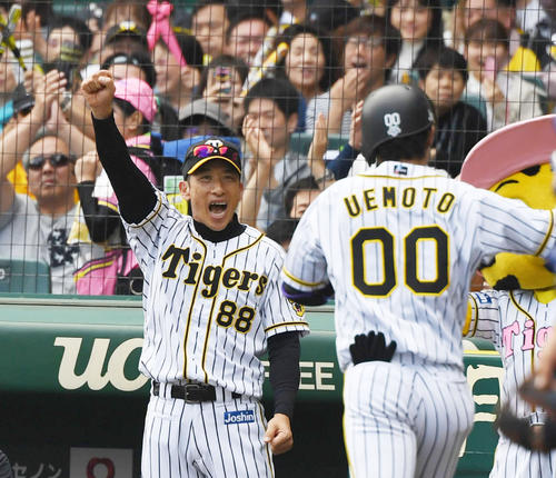 左越え本塁打を放った上本博紀を矢野燿大監督はガッツポーズで迎える（2019年5月3日）