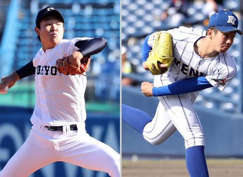 中京大中京・高橋宏斗投手（左）と高崎健康福祉大高崎・下慎之介投手