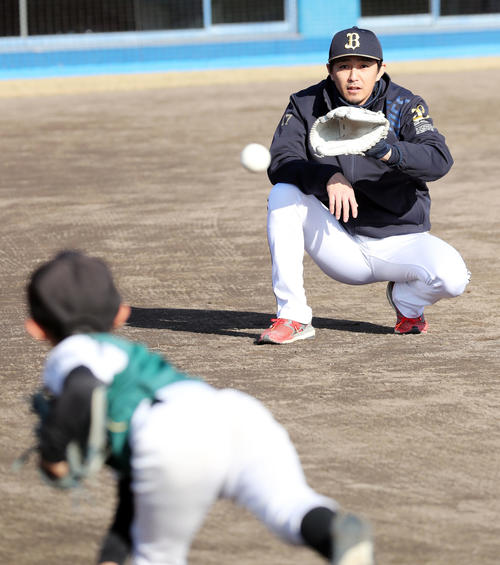 「プロ野球静岡県人会野球教室」で子どもたちの投球を受けるオリックス増井（撮影・垰建太）