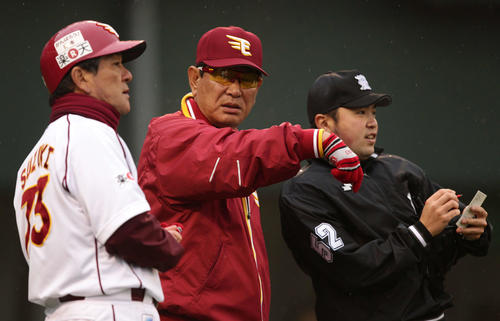 選手交代を告げる楽天監督時代の星野仙一氏（中央）。左は鈴木康友コーチ（2012年3月4日撮影）