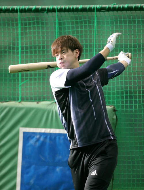 打撃練習をする日本ハム松本（撮影・佐藤翔太）