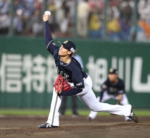 8月、日本ハム戦で力投するオリックス張奕