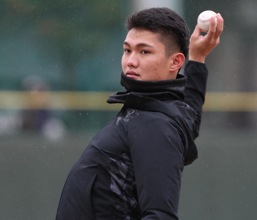 鳴尾浜球場での自主トレでキャッチボールする西純矢（撮影・白石智彦）