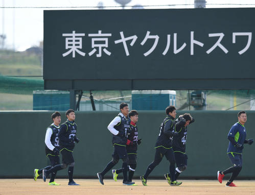 アップするヤクルトドラフト1位の奥川（中央）ら新人選手（撮影・鈴木みどり）