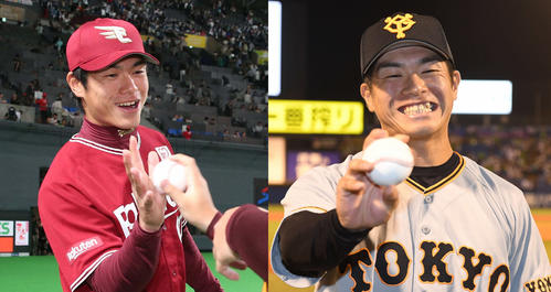 19年5月、日本ハム戦で勝利を挙げた楽天古川（左）。19年9月ヤクルト戦で巨人移籍後初勝利を挙げた古川
