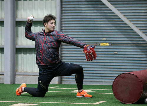 自主トレでフォームを確認する日本ハム吉田輝（撮影・黒川智章）