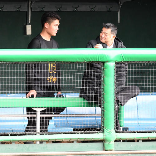 新人合同自主トレで川藤OB会長（右）の話しを聞く西純矢（撮影・前岡正明）