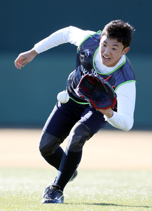 新人合同自主トレでノックを受ける奥川（撮影・狩俣裕三）