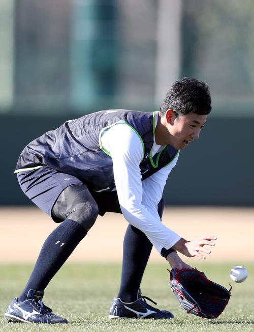 新人合同自主トレでノックを受ける奥川（撮影・狩俣裕三）