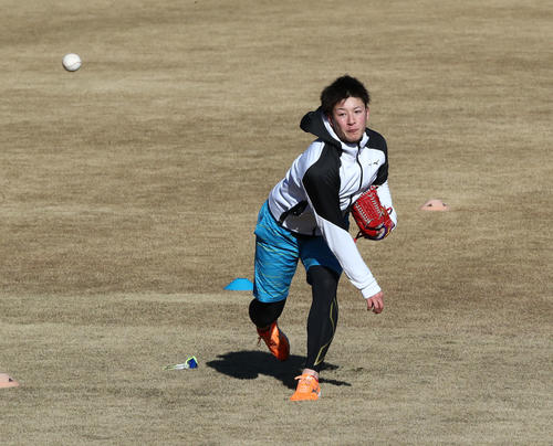 キャッチボールする日本ハム吉田輝星（撮影・黒川智章）