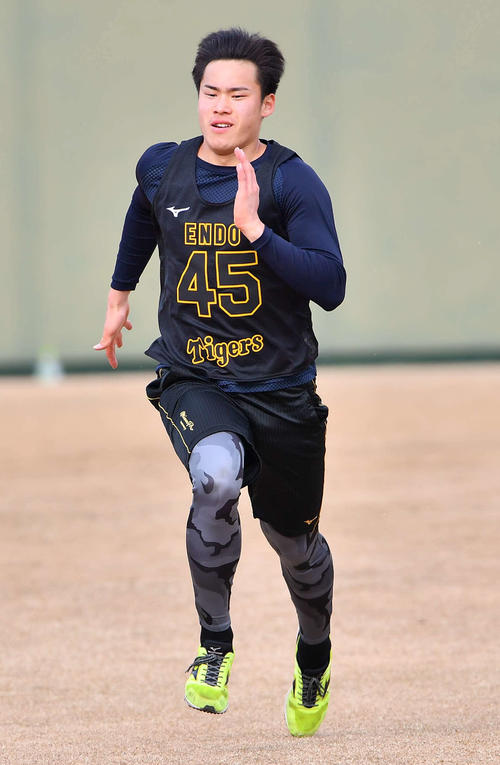 外野をダッシュして汗を流す阪神ドラフト4位遠藤成（撮影・上田博志）