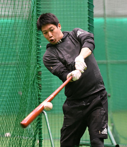 打撃練習を行うヤクルト山田哲（撮影・前岡正明）