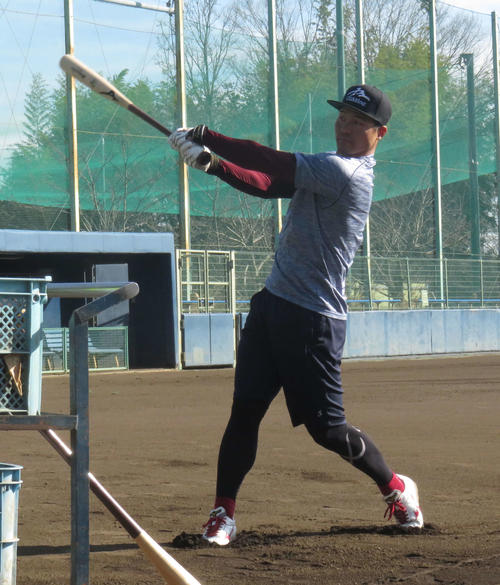 自主トレでティー打撃を行う楽天茂木（撮影・桑原幹久）