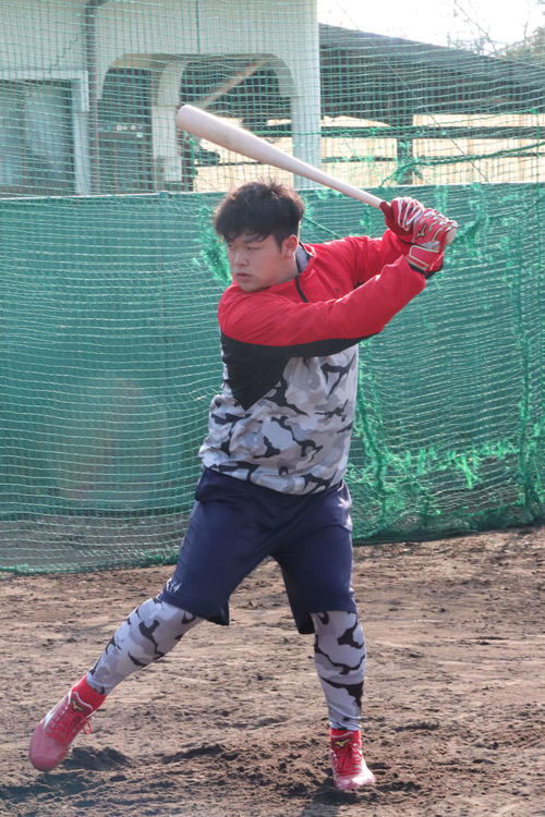 ティー打撃する広島林晃汰内野手（撮影・前原淳）