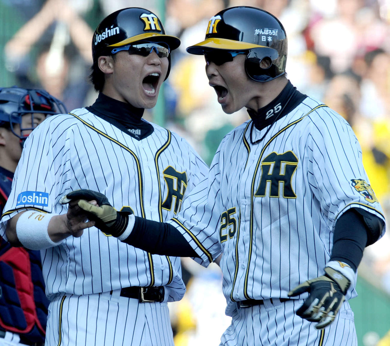 13年5月、ヤクルト戦の7回に同点本塁打を放った新井（右）を出迎える新井良