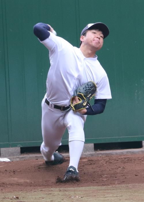 ブルペンで投げる東洋大・村上（撮影・古川真弥）