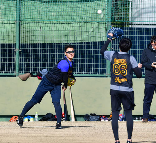 阪神の新人合同自主トレでキャッチボールを行う西純矢（撮影・清水貴仁）