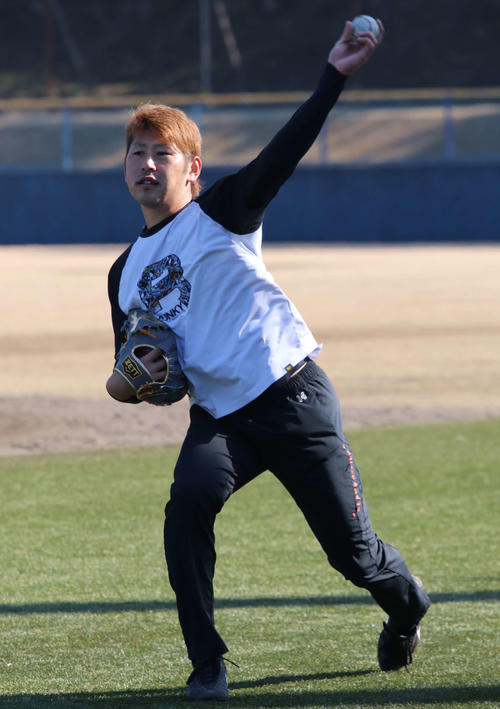 球場でキャッチボールをする日本ハム加藤（撮影・山崎純一）