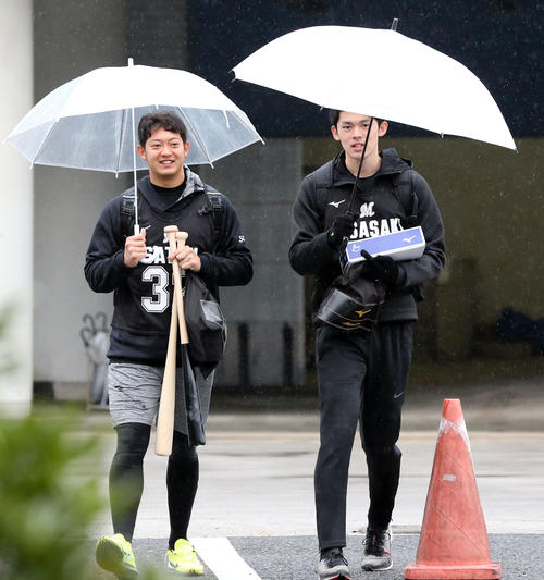 雨天で新人合同自主トレが室内練習場になり、傘を差して移動するロッテ佐々木朗（右）と佐藤（撮影・浅見桂子）
