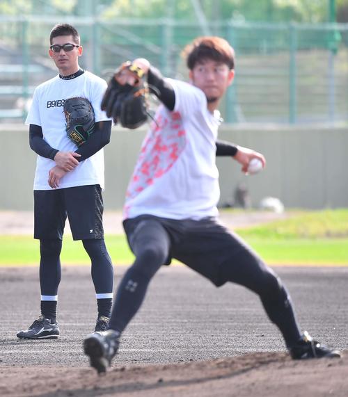 岩貞祐太（右）のマウンドでの投球をチェックする能見篤史（撮影・上田博志）