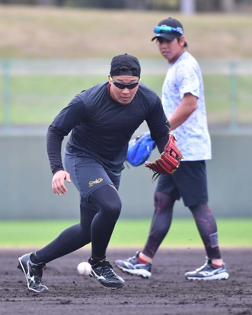 ノックを受ける大山悠輔（左）と梅野隆太郎（撮影・上田博志）