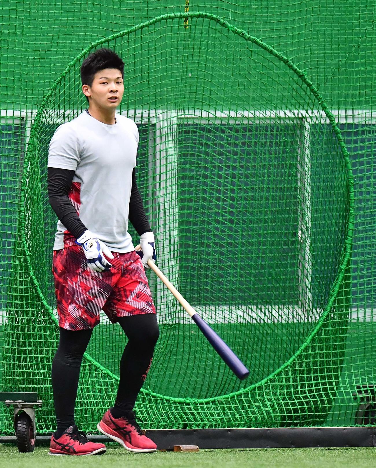 甲子園の室内練習場で打撃練習をする井上（撮影・上田博志）