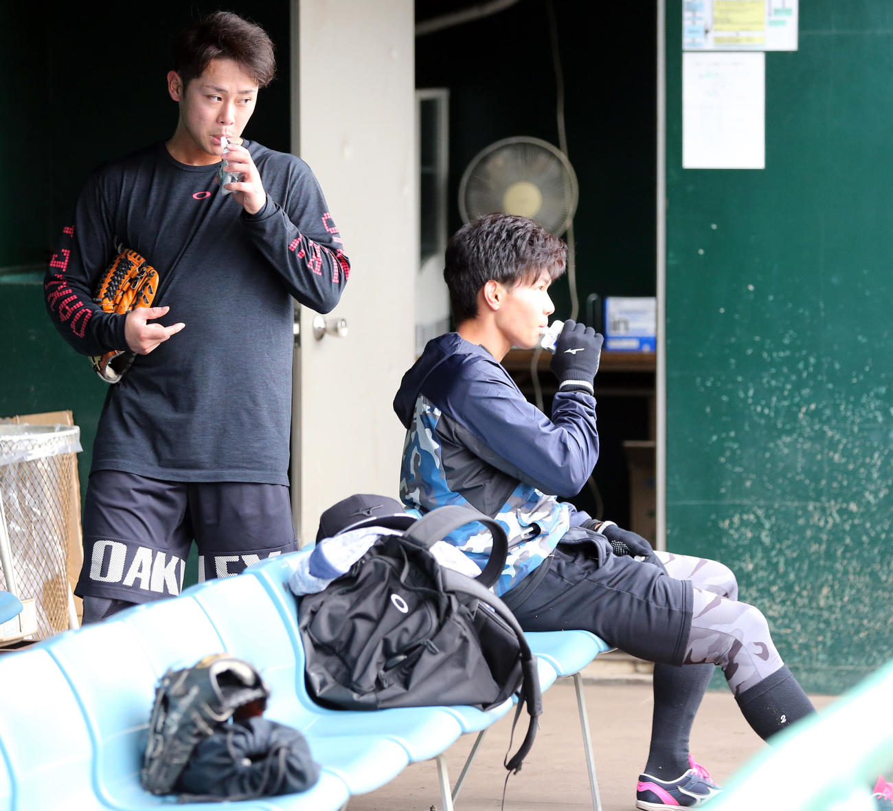 ゼリー状ドリンクを補給するロッテ平沢（左）と藤原（撮影・浅見桂子）