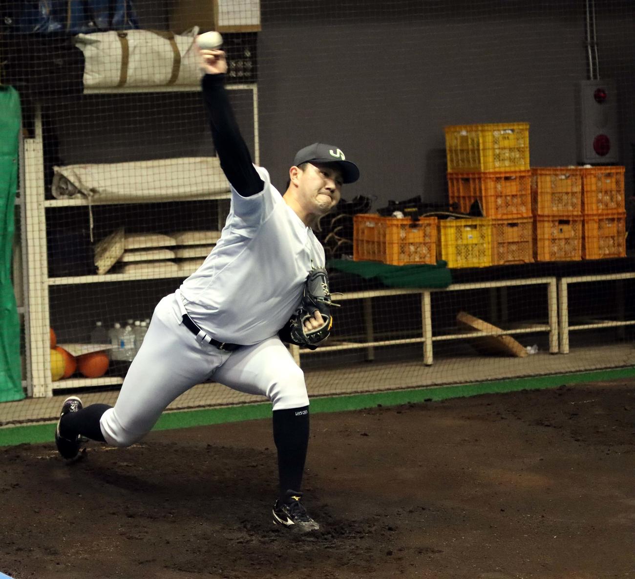 JR北海道クラブの練習着を着て投球練習する元日本ハムの立田投手（撮影・永野高輔）